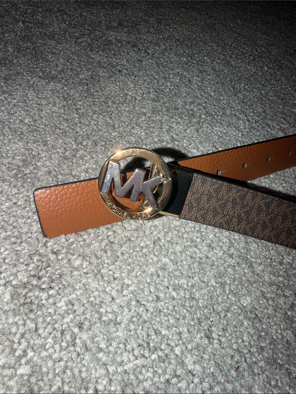 Michael Kors Brown Monogram Belt with Gold MK Circle Buckle - Reversible